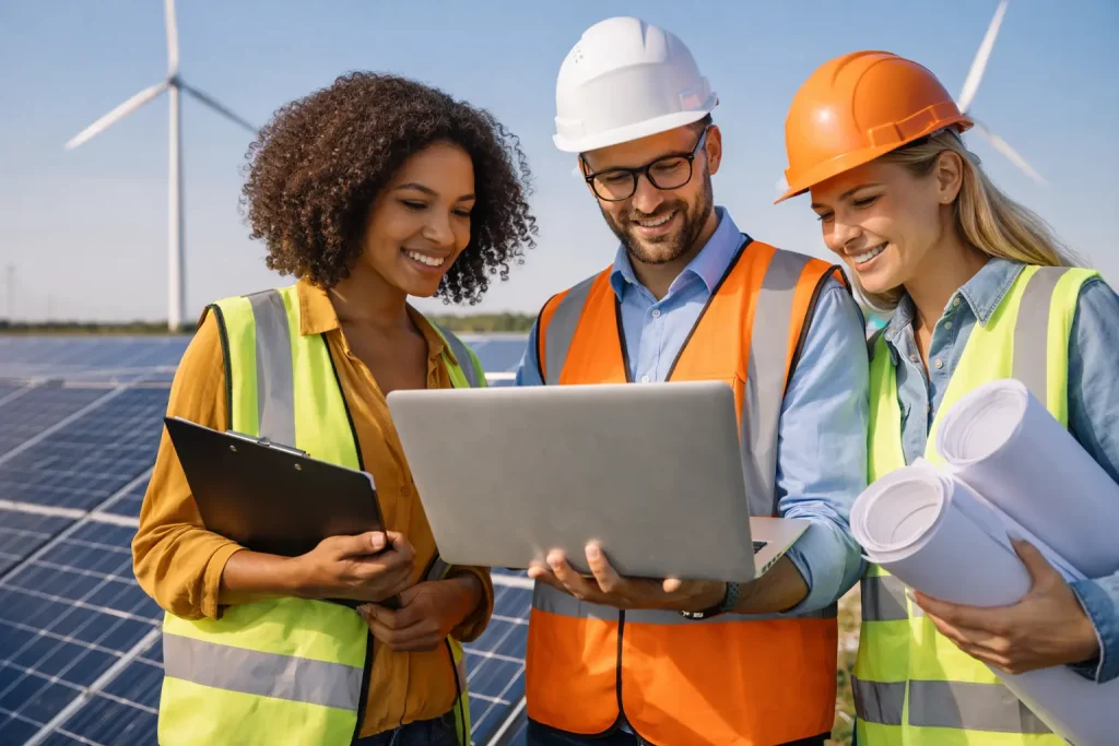 Profesionales extranjeros trabajando en proyectos de energía solar y eólica