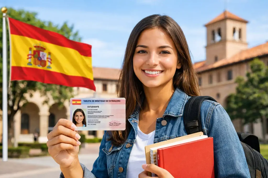Estudiante extranjera mostrando su TIE tras obtener la visa de estudiante en España frente a una universidad española